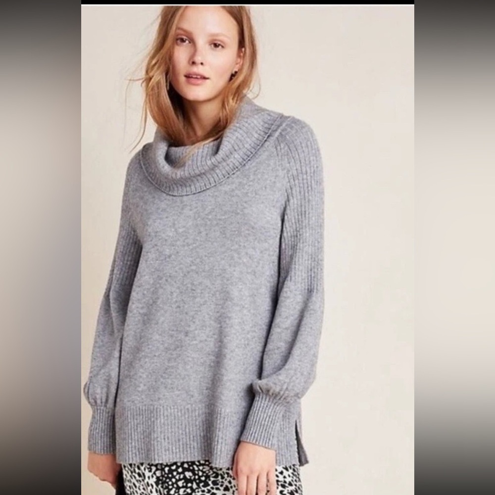 Anthropologie Paloma Knit Tunic Sweater | Gray Cowl Neck | Cozy Chic | Medium